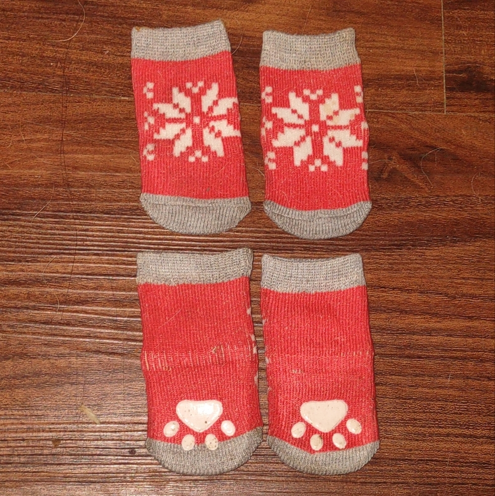 Red and Gray Dog Socks with Snowflake Design